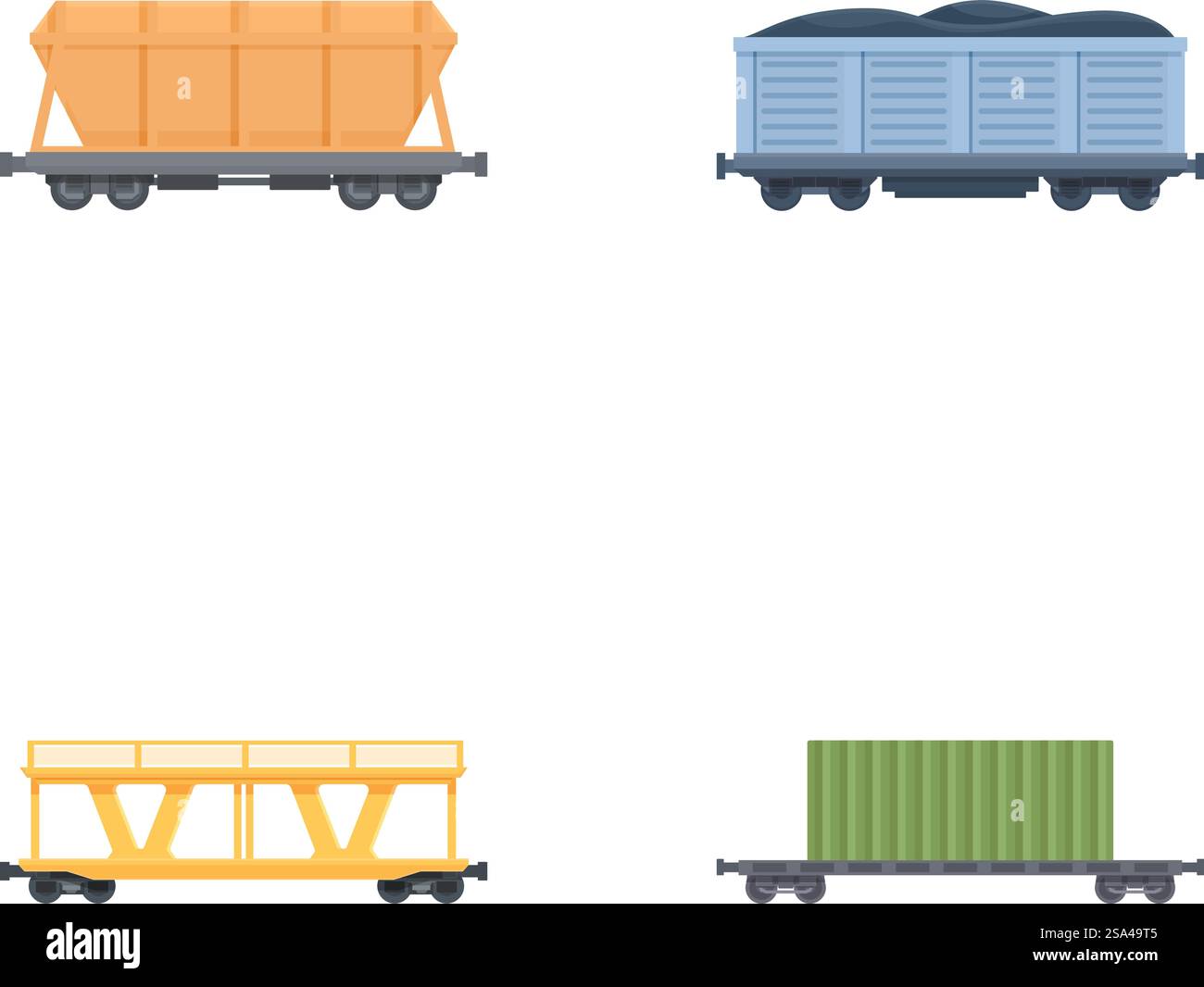 Illustrazione vettoriale di vari carri merci, tra cui tramogge, gondola, carri armati e vagoni piatti. Set di quattro vagoni per treni merci con design piatto Illustrazione Vettoriale