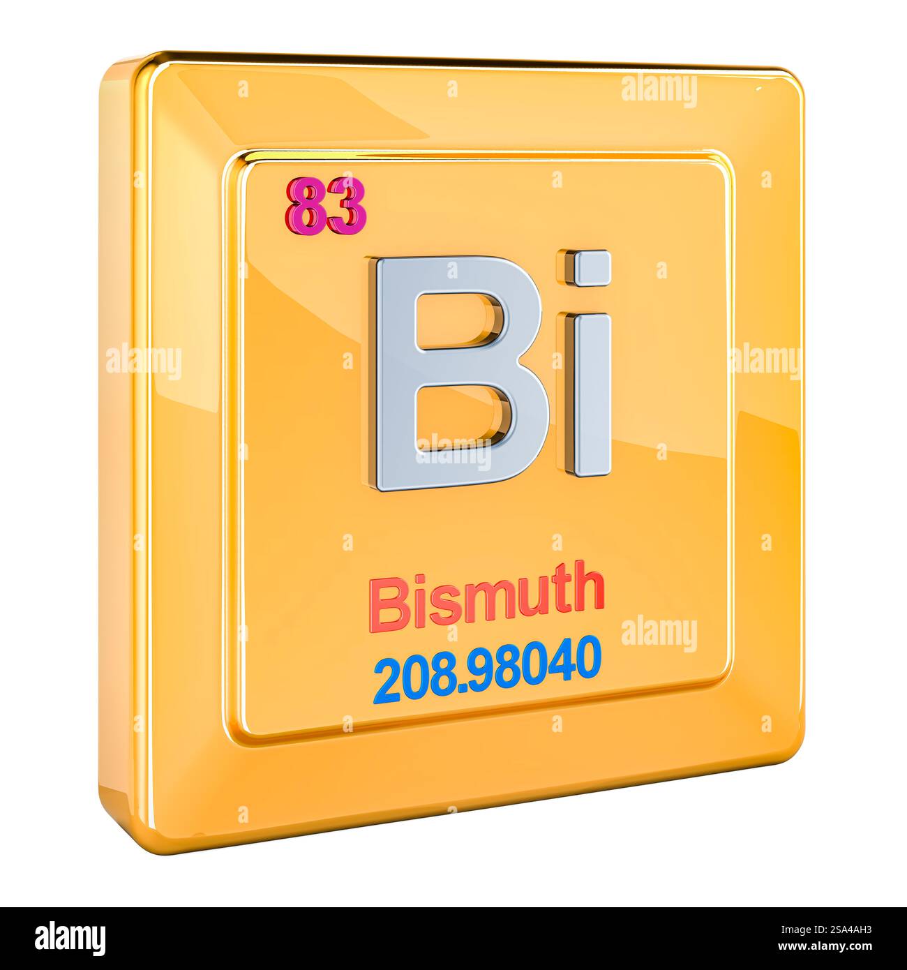 Bismuto Bi, segno di elemento chimico con numero 83 in tavola periodica. Rendering 3D isolato su sfondo bianco Foto Stock