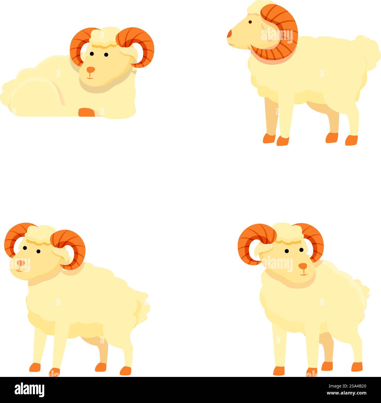 Adorabile collezione di montoni cartoni animati con simpatici personaggi animali. Illustrazioni del bestiame di allevamento e delle pecore lanose nella clipart vettoriale. Perfetto per l'educazione in età prescolare. Libri di fiabe per bambini. Set di quattro simpatici arieti cartoni animati con corna prominenti in varie pose isolate su sfondo bianco Illustrazione Vettoriale
