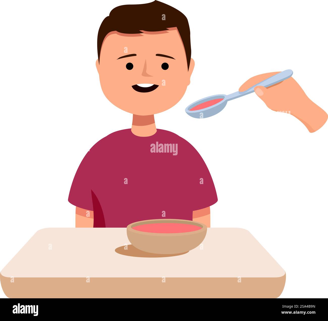 Un ragazzo sorridente che gusta un pasto sano, aprendo con entusiasmo la bocca come caregiver offre un cucchiaio di zuppa. Un bambino felice seduto a tavola e mangiando zuppa che viene nutrita da una mano adulta che tiene il cucchiaio Illustrazione Vettoriale