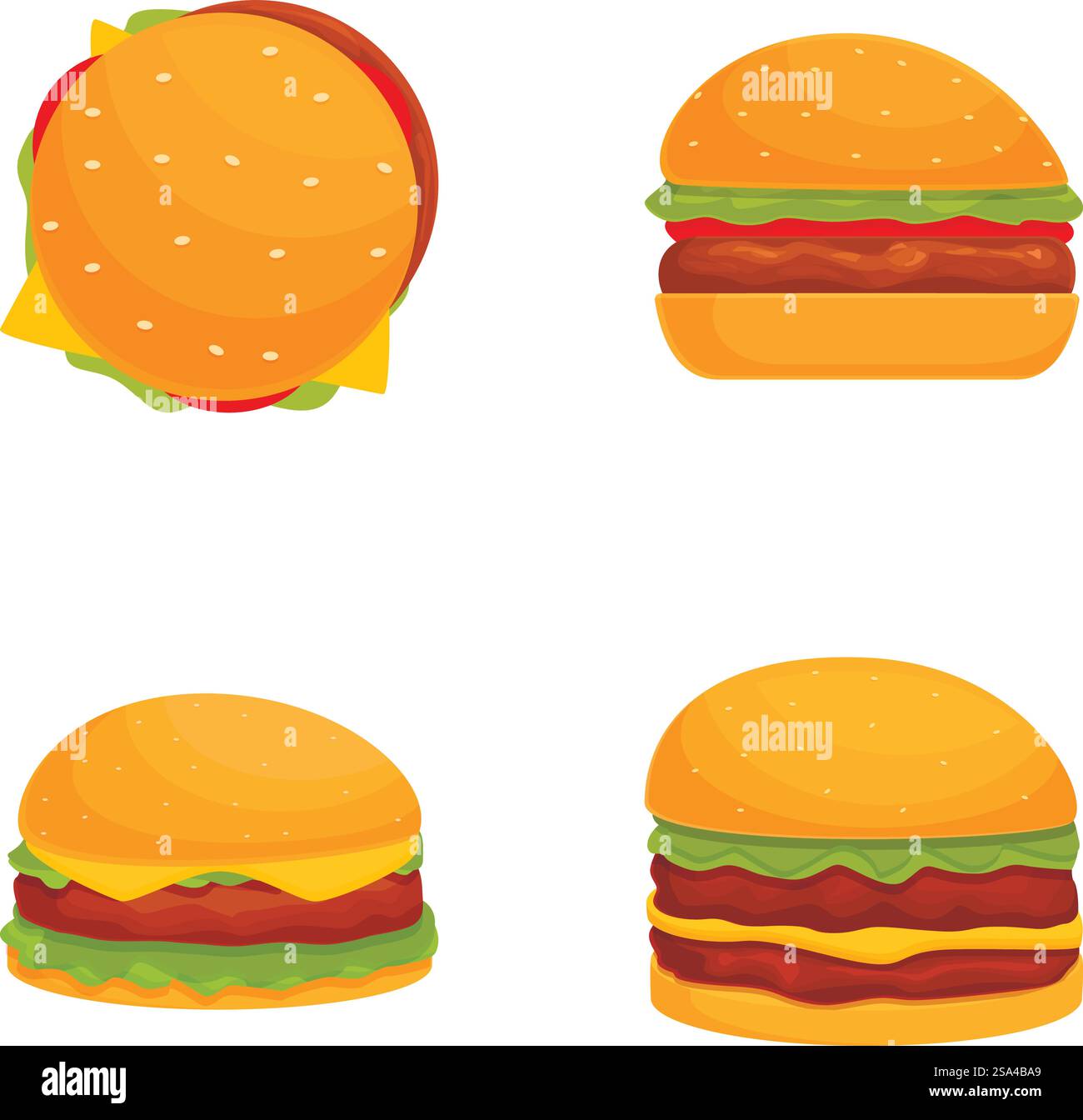 Set colorato di quattro icone vettoriali classiche di hamburger su sfondo bianco. Set di icone assortite di hamburger classici Illustrazione Vettoriale