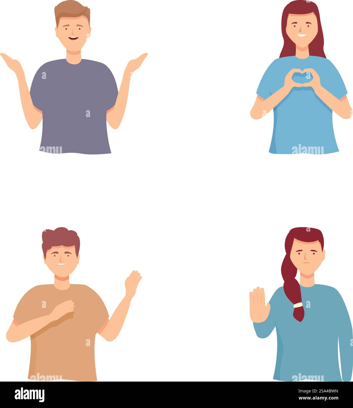 Raccolta di persone illustrate che eseguono diversi gesti della mano. Set di vari gesti per personaggi dei cartoni animati Illustrazione Vettoriale