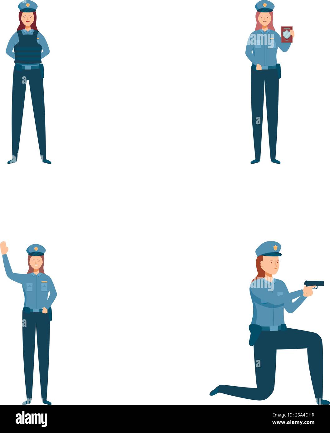 Raccolta di quattro illustrazioni raffiguranti un agente di polizia donna in varie pose e azioni. Personaggio femminile dell'agente di polizia Illustrazione Vettoriale