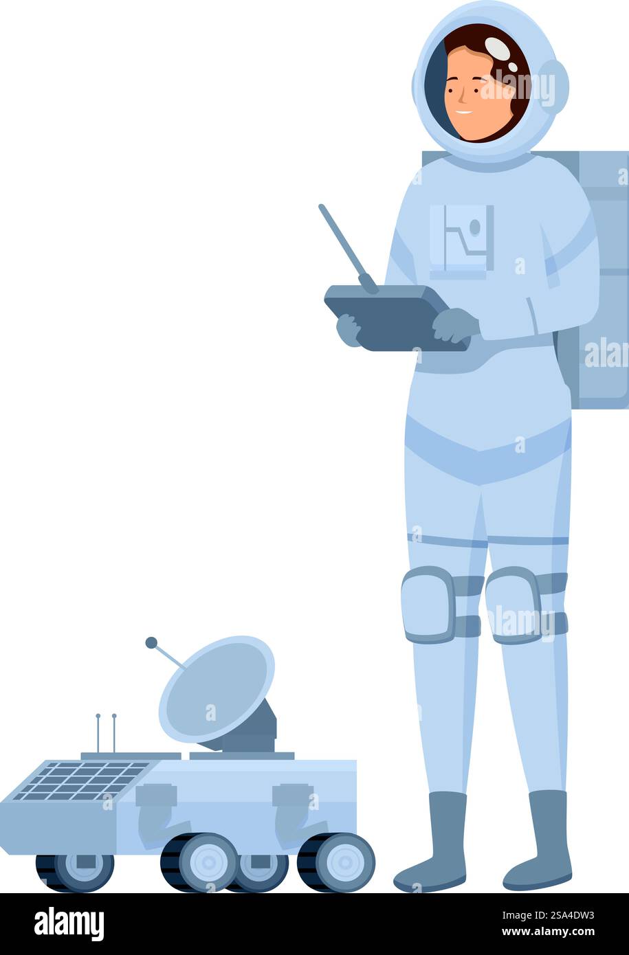 Astronauta donna che controlla mars rover con telecomando che esplora la superficie del pianeta. Space explorer in una tuta spaziale bianca controlla un rover con un telecomando Illustrazione Vettoriale Astronauta donna che controlla mars rover con telecomando che esplora la superficie del pianeta. Space explorer in una tuta spaziale bianca controlla un rover con un telecomando Illustrazione Vettoriale