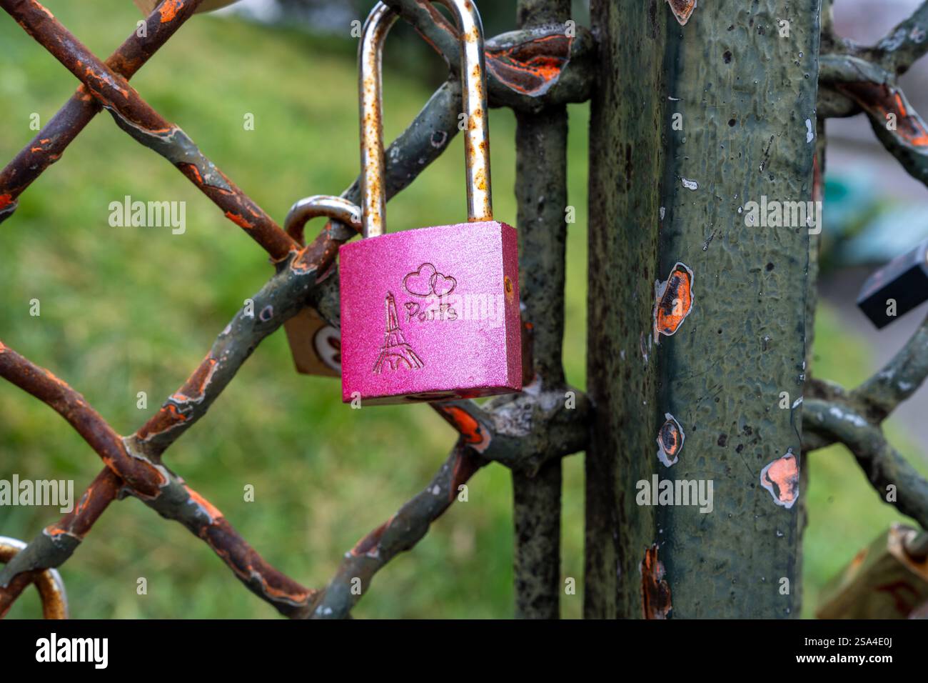 Lucchetto colorato attaccato a una recinzione sotto un cielo nuvoloso in un parco Foto Stock