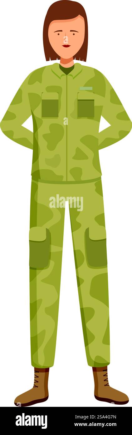 La giovane soldatessa è all'attenzione con la sua uniforme mimetica, pronta a servire il suo paese. Giovane soldato donna all'attenzione in uniforme mimetica Illustrazione Vettoriale