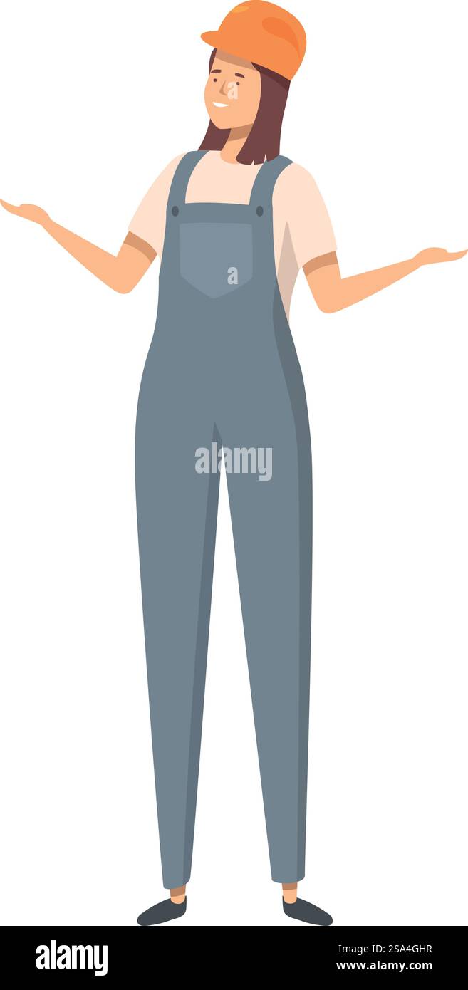 Lavoratrice edile sorridente che presenta qualcosa con le mani tese indossando tute e elmetto. L'operaio edile sta gestendo con le mani aperte per presentare qualcosa Illustrazione Vettoriale