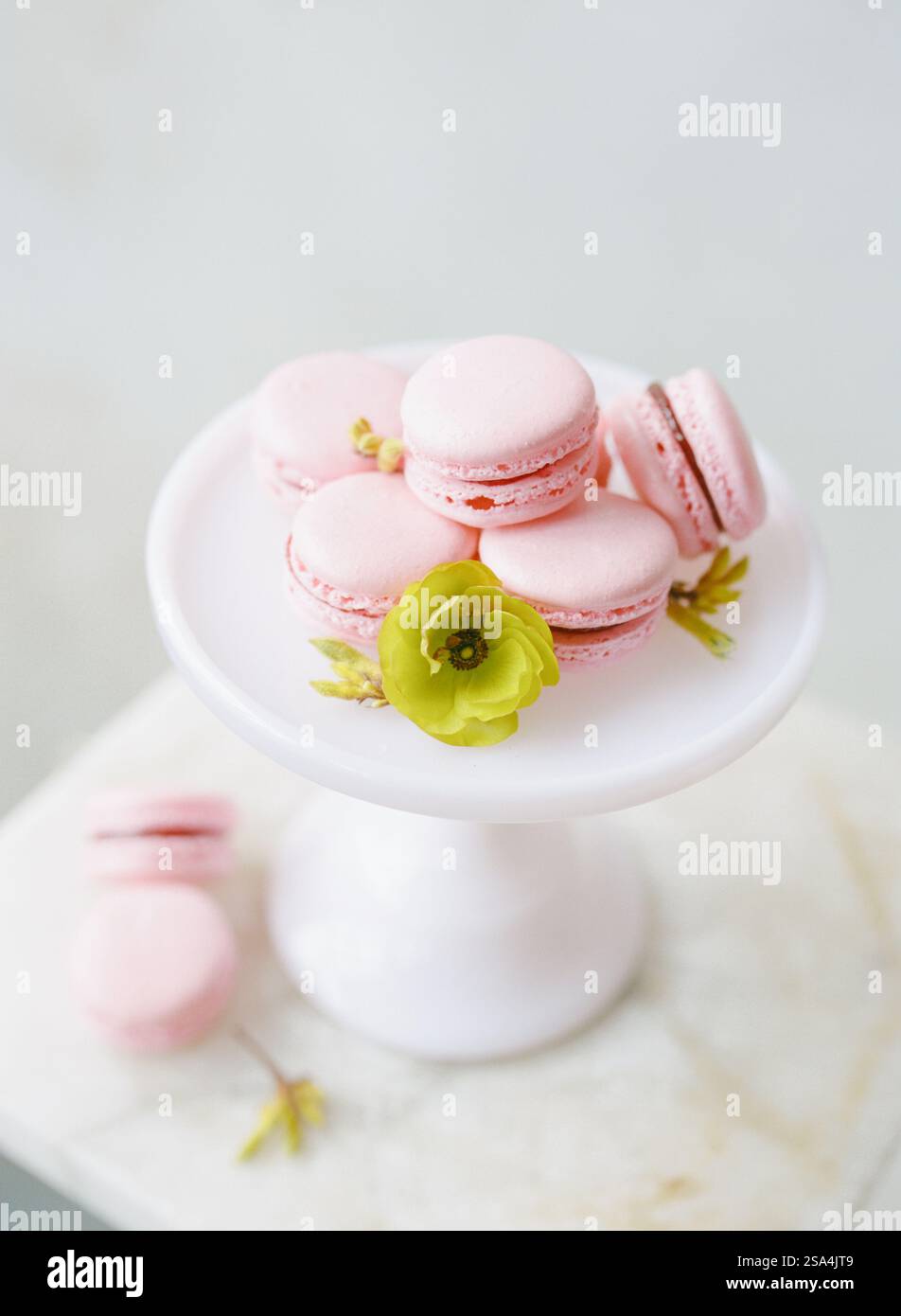 Una serie di macaron rosa splendidamente disposti su un piedistallo bianco, accompagnati da un piccolo fiore verde. Questo elegante display è perfetto per una tea party Foto Stock