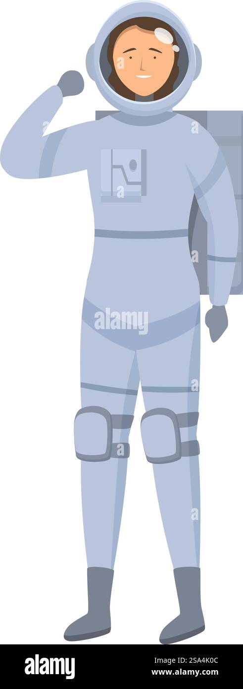 Un'astronauta femminile saluta con un sorriso, mostrando lo spirito dell'esplorazione spaziale e dei risultati scientifici. Astronauta sorridente che indossa una tuta spaziale alzando il braccio in un gesto di saluto Illustrazione Vettoriale Un'astronauta femminile saluta con un sorriso, mostrando lo spirito dell'esplorazione spaziale e dei risultati scientifici. Astronauta sorridente che indossa una tuta spaziale alzando il braccio in un gesto di saluto Illustrazione Vettoriale