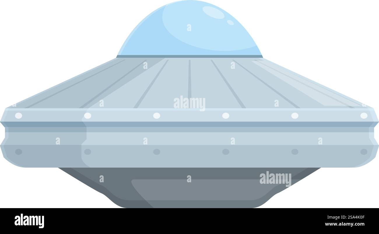 Illustrazione in stile cartoni animati di una classica astronave ufo che si libra nel cielo, pronta per un viaggio interstellare. Classica astronave ufo che si libra con cupola di vetro aperta per il trasporto alieno Illustrazione Vettoriale