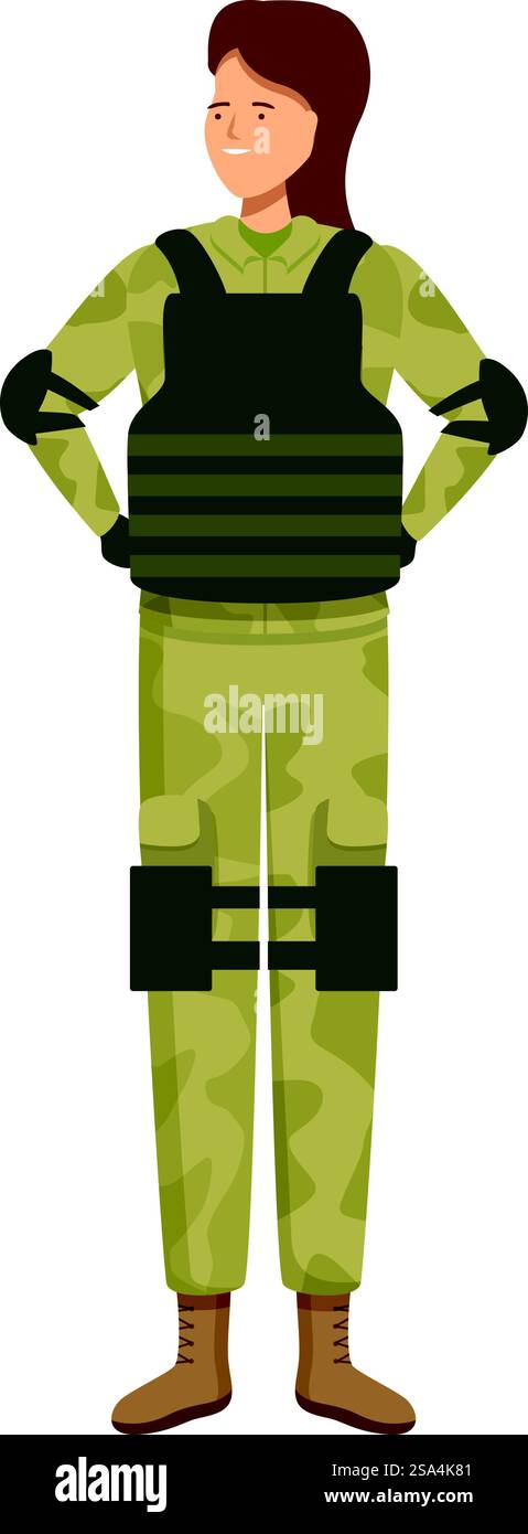 La soldatessa è in piedi con le mani sui fianchi, orgogliosa di servire il suo paese. Soldato sorridente e sicuro di sé all'attenzione con tutti gli outfit Illustrazione Vettoriale