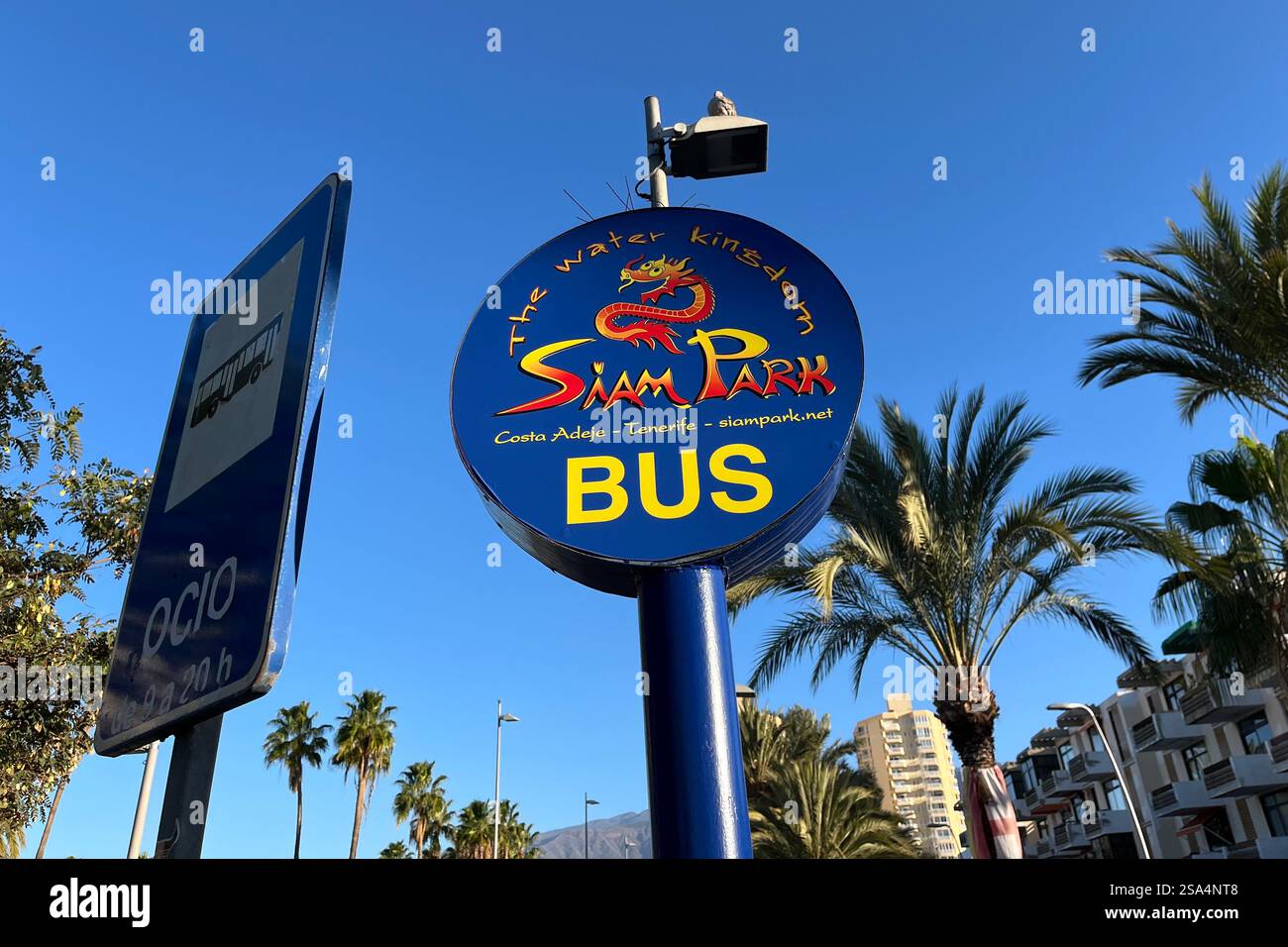 Cartello dell'autobus del Parco Siam a Playa de las Américas. Arona, Tenerife, Isole Canarie, Spagna. 15 gennaio 2025 . - Immagine stock catturata con smartphone