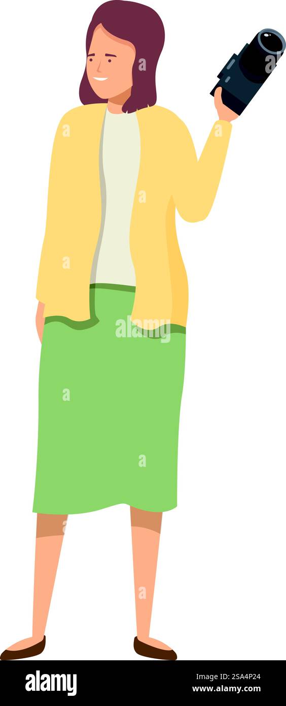 Il fotografo sta tenendo in mano la fotocamera, preparandosi a scattare una foto. Fotografa donna che tiene in mano la fotocamera e scatta foto sorridenti durante l'evento Illustrazione Vettoriale