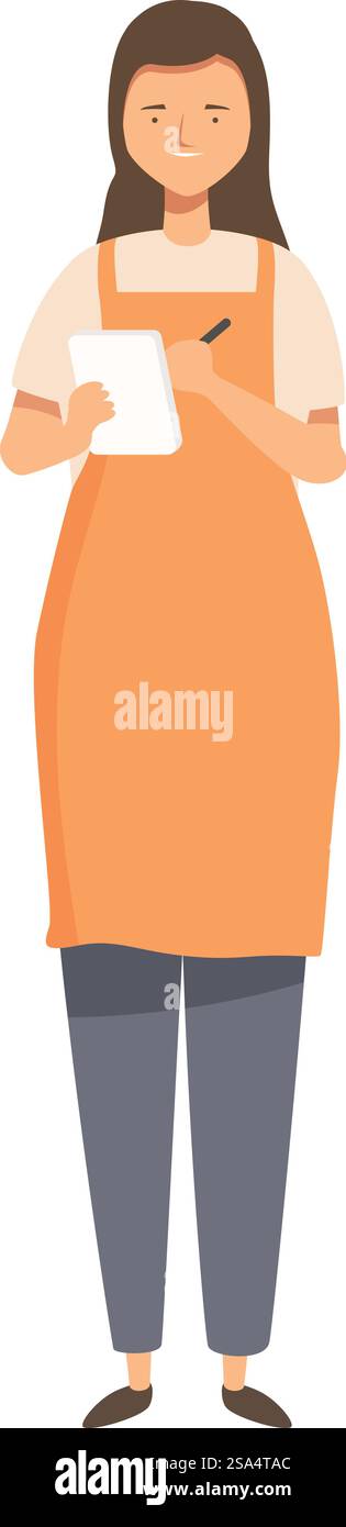 Giovane donna sorridente cassiera che tiene in mano penna e blocco note e prende ordini al banco del ristorante. La giovane donna che indossa un grembiule sta prendendo un ordine mentre tiene un blocco note e una penna Illustrazione Vettoriale