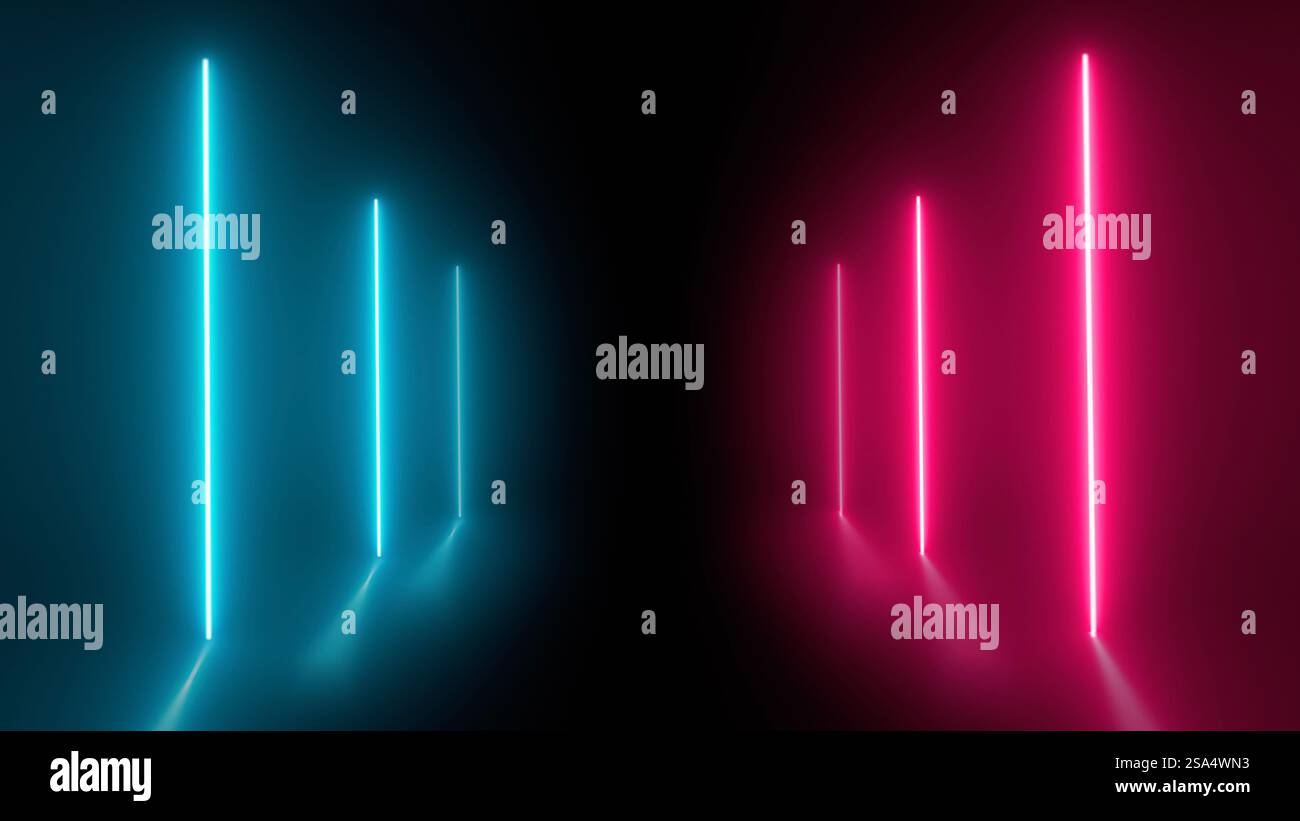 Luci al neon nel tunnel sul nero. Background di loop utilizzato per progetti video di ispirazione, presentazioni, report, pubblicità, social media. Foto Stock
