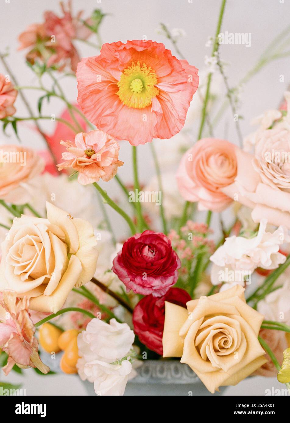 Un vivace spettacolo di rose, peonie e papaveri in una disposizione elegante, che mostra colori pastello tenui. Questo centrotavola floreale è perfetto per qualsiasi Foto Stock