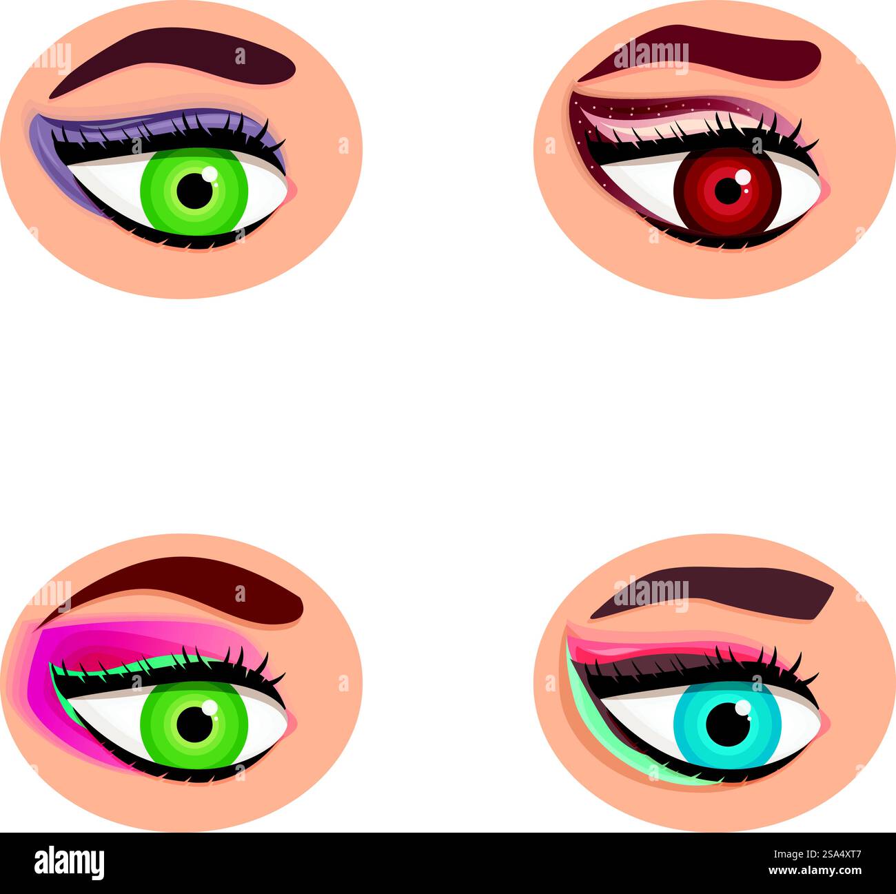 Quattro coloratissimi occhi da cartone animato che mostrano colori e design diversi. Set di occhi di cartone animato in vari colori Illustrazione Vettoriale