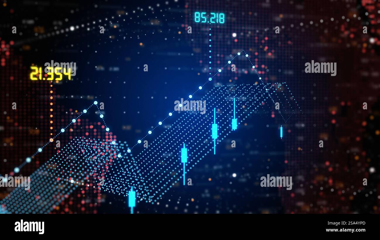 Grafico di trading che mostra i numeri aumentano e diminuiscono in diverse aree del globo. Mercato finanziario, investimenti, economia concetto di analisi. Foto Stock