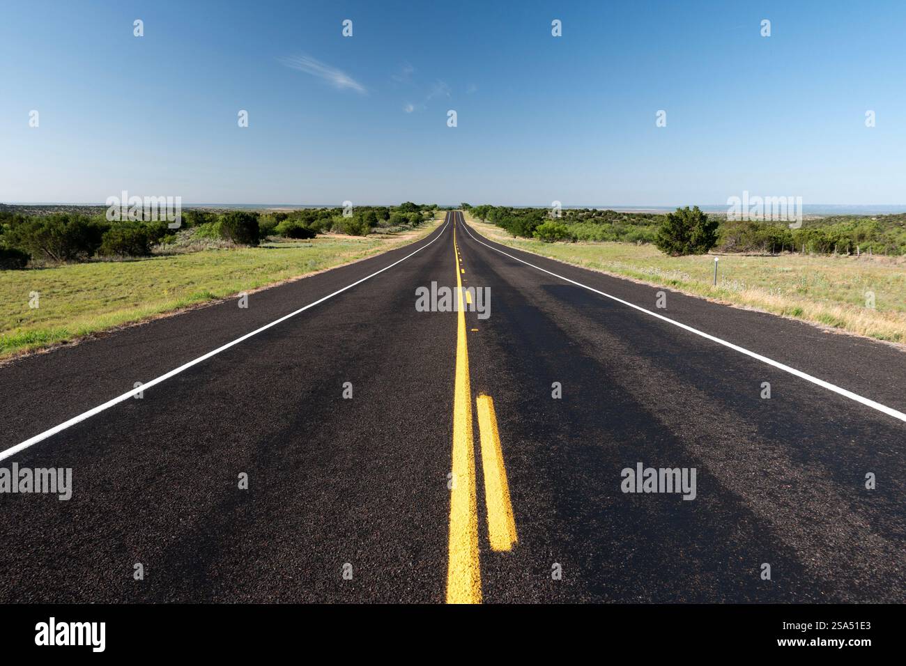 Prospettiva di linee convergenti su un tratto rettilineo di strada aperta sulle alte pianure sotto un orizzonte di cielo blu Foto Stock