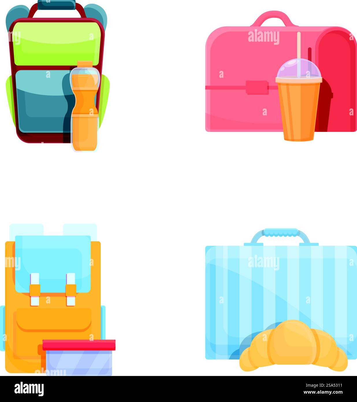 Le icone del cibo scolastico impostano il vettore dei cartoni animati. Contenitore con snack fatti in casa e frutta. Cibo confezionato. Le icone del cibo scolastico impostano il vettore dei cartoni animati. Contenitore con snack fatti in casa e frutta Illustrazione Vettoriale