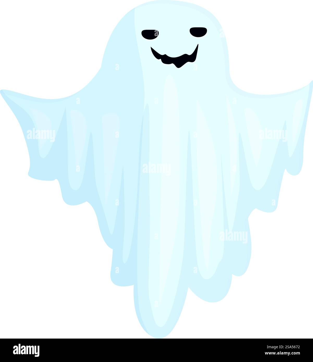 I fantasmi dei cartoni animati fluttuano e sorridono maliziosamente per le celebrazioni di halloween. Cartoon Ghost galleggia con un sorriso malizioso sul volto Illustrazione Vettoriale