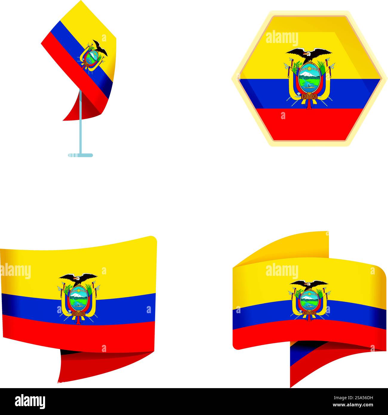 Le icone dell'Ecuador impostano il vettore dei cartoni animati. Bandiera nazionale ufficiale dell'Ecuador. Paese del Sud america. Le icone dell'Ecuador impostano il vettore dei cartoni animati. Bandiera nazionale ufficiale dell'Ecuador Illustrazione Vettoriale