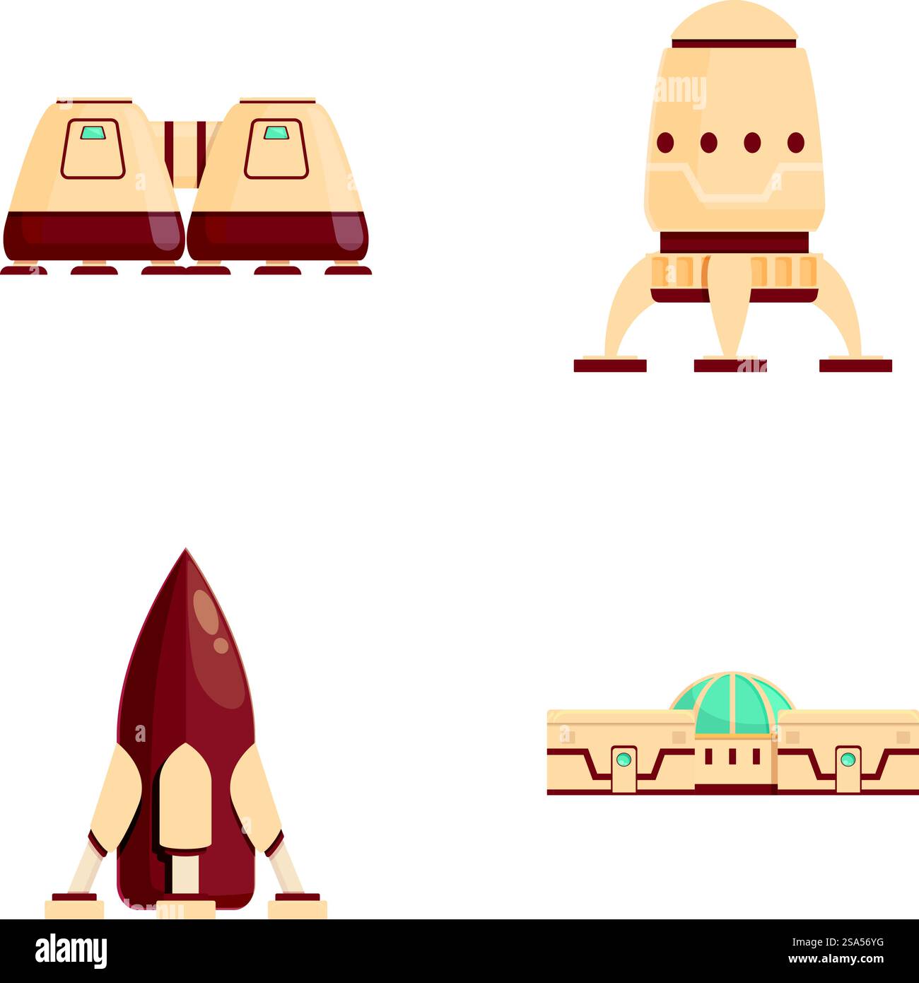 Collezione di quattro immagini di veicoli spaziali in stile cartoonesco, adatte a vari progetti creativi. Serie di illustrazioni cartoon di veicoli spaziali Illustrazione Vettoriale
