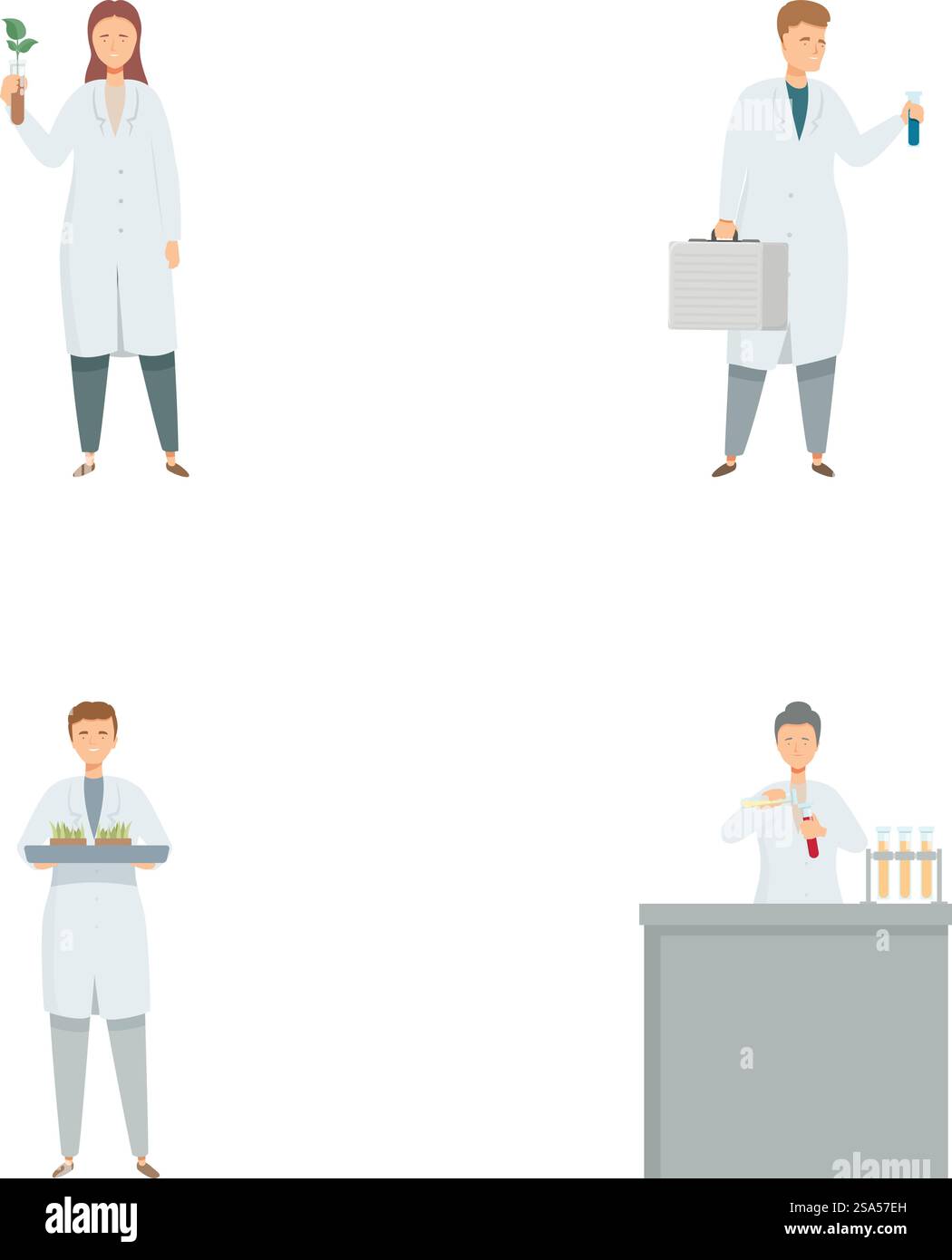 Collezione di illustrazioni di scienziati che detengono attrezzature di laboratorio e conducono esperimenti. Set di scienziati in camici da laboratorio con attrezzature Illustrazione Vettoriale