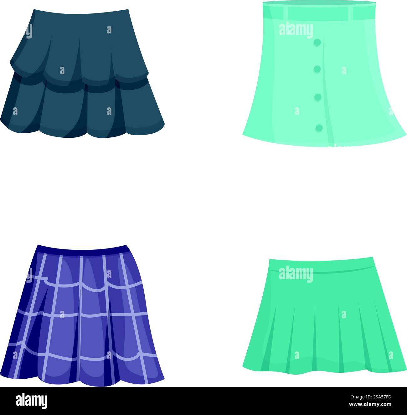 Collezione di quattro diversi modelli di gonne in uno stile vettoriale piatto, adatto per la grafica di concept fashion. Set di vari stili di gonne illustrazione vettoriale Illustrazione Vettoriale