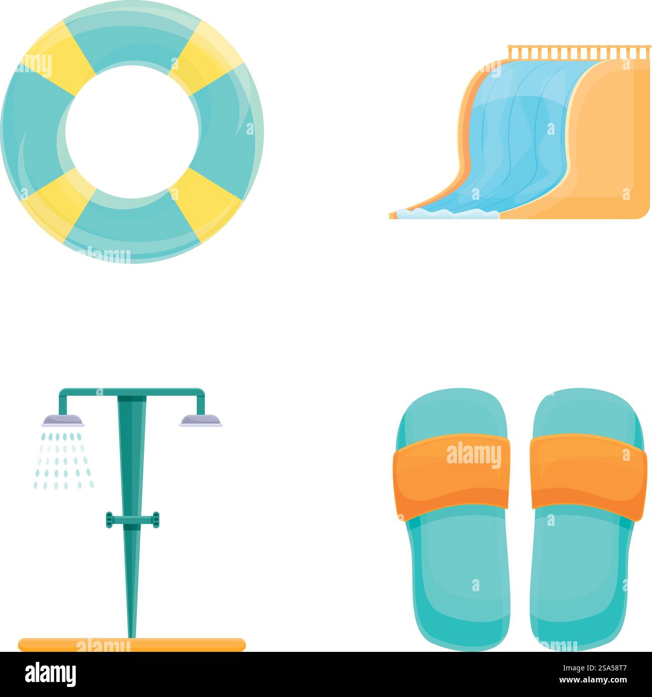 Le icone di Aquapark impostano il vettore dei cartoni animati. Vacanze estive nel parco acquatico. Attività ricreative. Le icone di Aquapark impostano il vettore dei cartoni animati. Vacanze estive nel parco acquatico Illustrazione Vettoriale