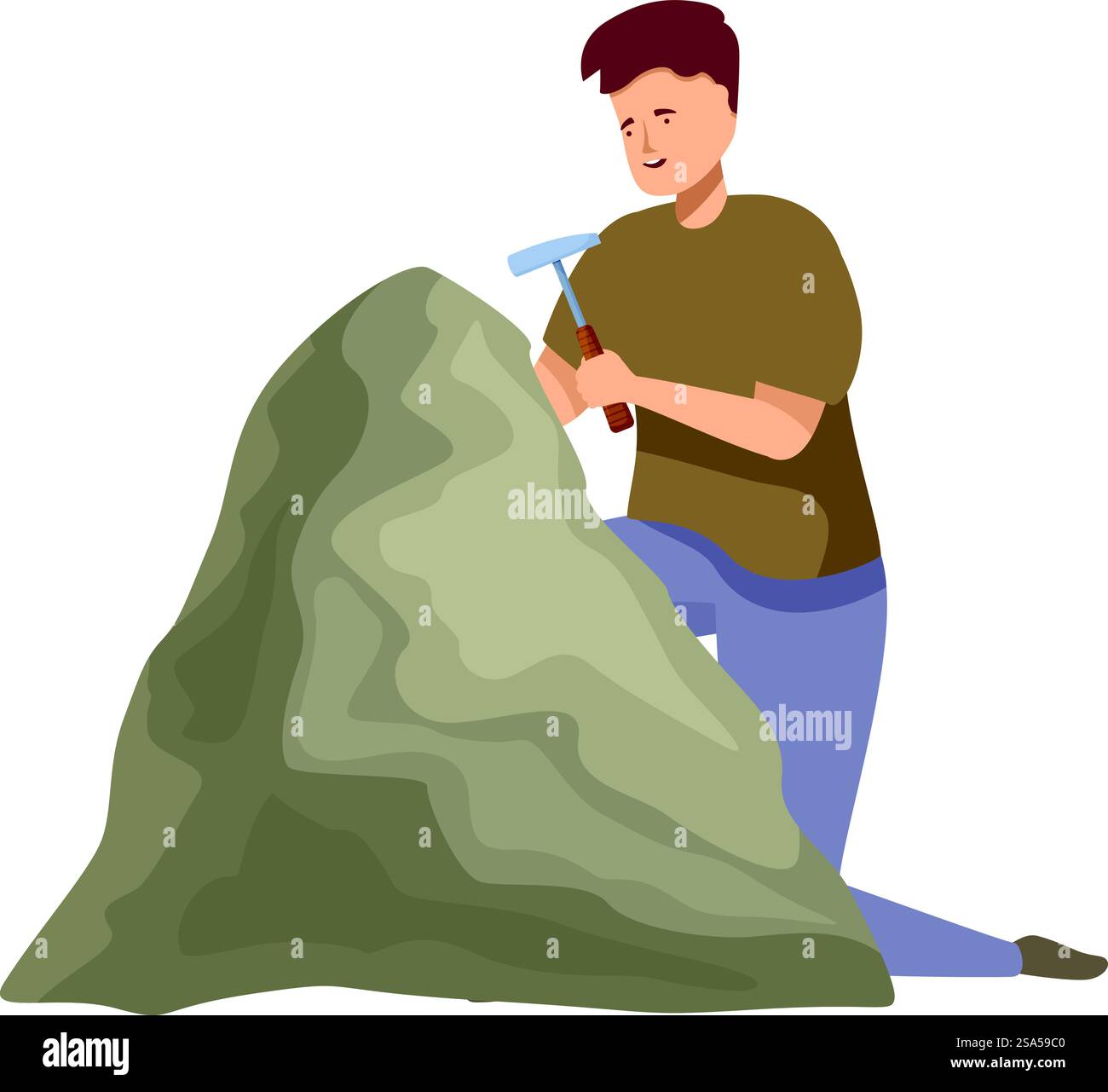 Il geologo si sta inginocchiando ed esaminando attentamente una grande roccia con un piccone. Geologo che si inginocchia e usa piccone su roccia per l'esame Illustrazione Vettoriale