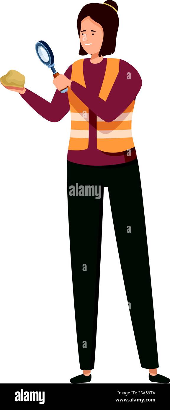 Il geologo sta tenendo in mano un campione di roccia e lo sta esaminando con una lente di ingrandimento. Geologa che esamina un campione di roccia utilizzando una lente di ingrandimento Illustrazione Vettoriale