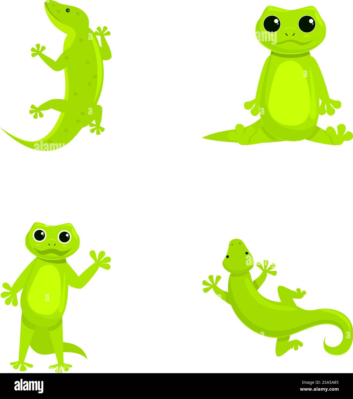 Le icone Gecko dei cartoni animati impostano il vettore dei cartoni animati. Simpatica lucertola verde dei cartoni animati. Animale, anfibio. Le icone Gecko dei cartoni animati impostano il vettore dei cartoni animati. Simpatica lucertola verde dei cartoni animati Illustrazione Vettoriale