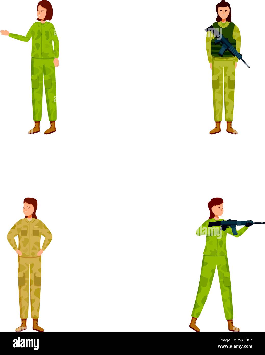 Serie di quattro illustrazioni raffiguranti soldati in divise e posizioni diverse. Personale militare in varie pose Illustrazione Vettoriale
