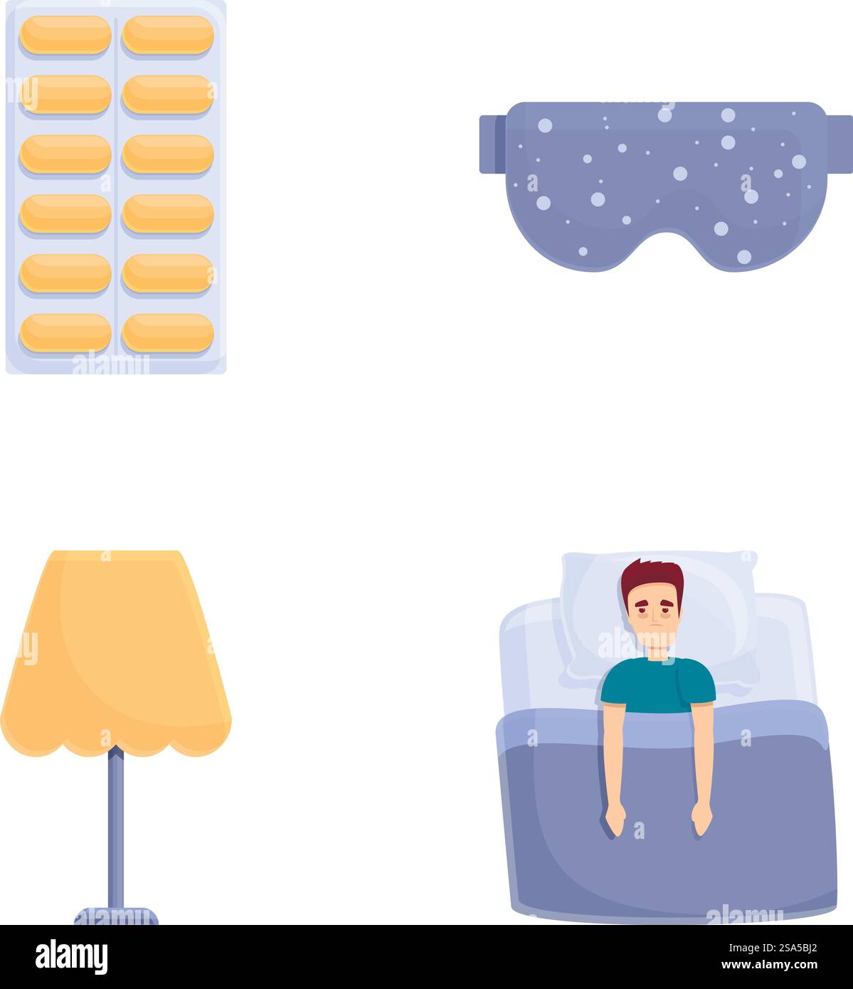 Le icone dei problemi di sonno impostano il vettore dei cartoni animati. L'uomo sta a letto e non riesce a dormire. Concetto di insonnia. Le icone dei problemi di sonno impostano il vettore dei cartoni animati. L'uomo sta a letto e non riesce a dormire Illustrazione Vettoriale
