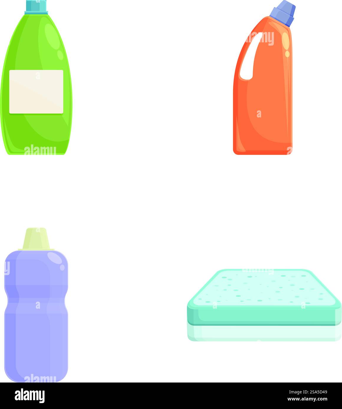 Icone vettoriali di bottiglie di plastica e spugna per la pulizia, isolata su bianco. Varietà di contenitori in plastica per uso domestico e spugna Illustrazione Vettoriale
