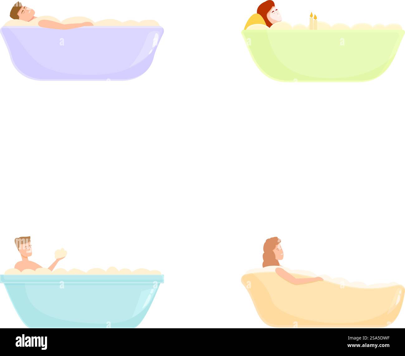 Illustrazioni serene e tranquille di individui che si godono un bagno rilassante e rilassante nel comfort della propria casa. Serie di illustrazioni che mostrano le persone che si godono un piacevole bagno nelle vasche da bagno Illustrazione Vettoriale