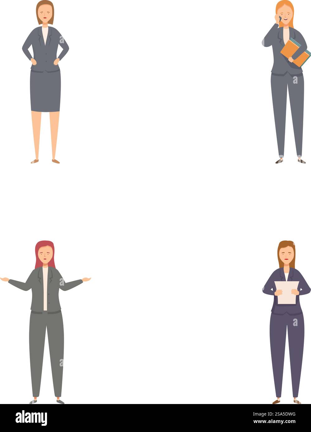 Illustrazioni vettoriali di una donna professionista in varie posizioni, adatte per contenuti aziendali. Serie di figure di posizioni e attività di donna d'affari Illustrazione Vettoriale