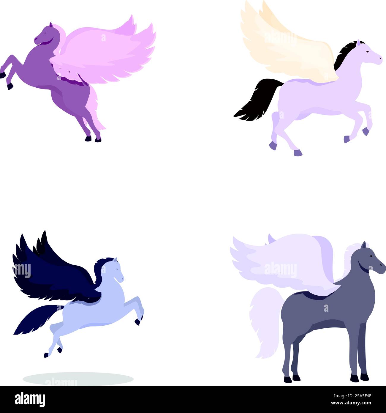 Collezione di quattro illustrazioni pegasus, con colori e stili delle ali diversi. Set di mitici cavalli pegaso in varie pose Illustrazione Vettoriale