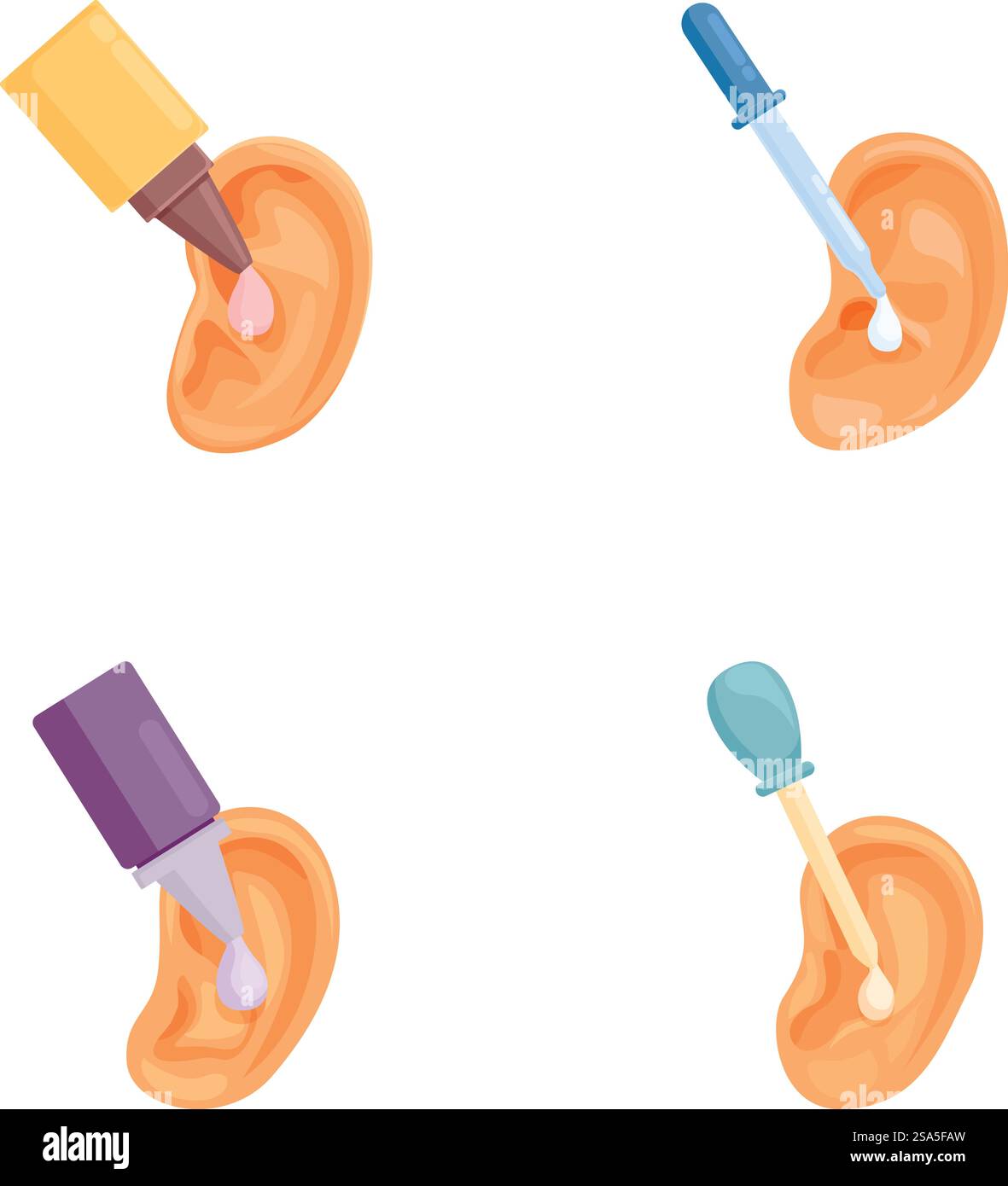 Immagine dei metodi di pulizia delle orecchie con diversi strumenti su sfondo bianco. Set di utensili per la pulizia delle orecchie isolati su bianco Illustrazione Vettoriale