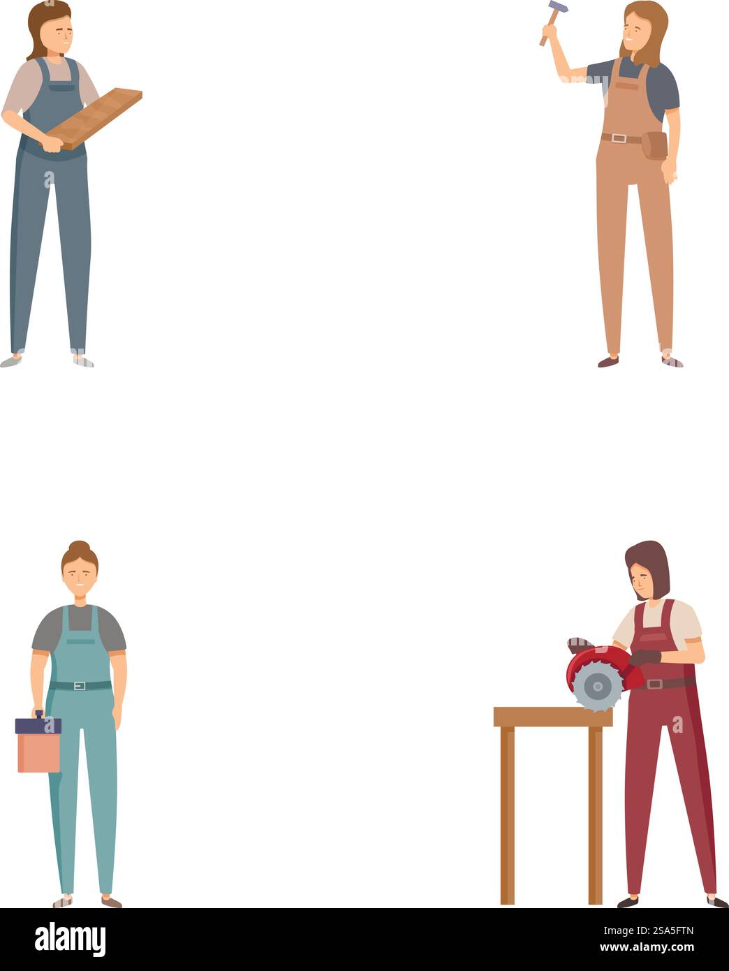 Collezione variegata di personaggi dei cartoni animati che rappresentano varie professioni esperte e persone ambientate su uno sfondo bianco. Tecnico incluso. Ingegnere. Falegname. E molto altro ancora. Illustrazione di persone che rappresentano professioni diverse, isolate su uno sfondo bianco Illustrazione Vettoriale