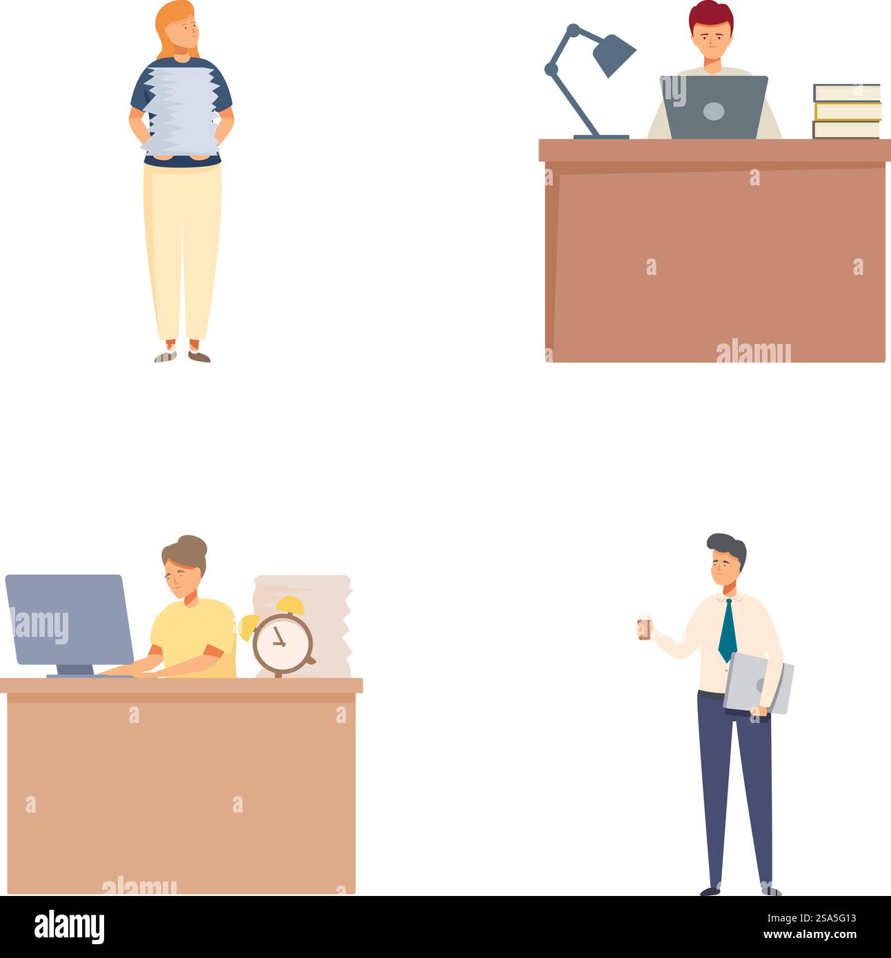 Illustrazione di diversi professionisti in diversi ambienti di lavoro, che utilizzano computer e gestiscono documenti. Gruppo di impiegati impegnati in attività quotidiane Illustrazione Vettoriale