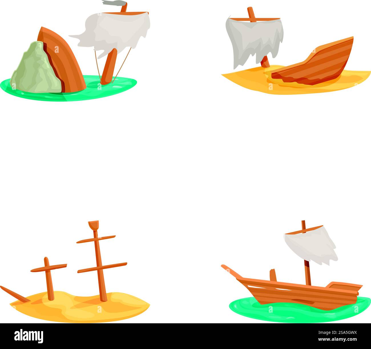 Colorata collezione di relitti cartoongrafici con diversi temi nautici, con illustrazioni vettoriali isolate di navi affondate, abbandonate e rovesciate in disastri marittimi. Set di quattro relitti in stile cartoni animati, ognuno isolato su sfondi di colore diverso Illustrazione Vettoriale
