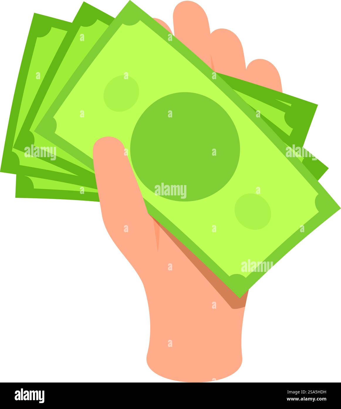 Hand ha in mano una pila di soldi, illustrando concetti come pagamento, acquisto o ricchezza. Tenere a mano una pila di denaro, contanti per l'acquisto o il pagamento Illustrazione Vettoriale