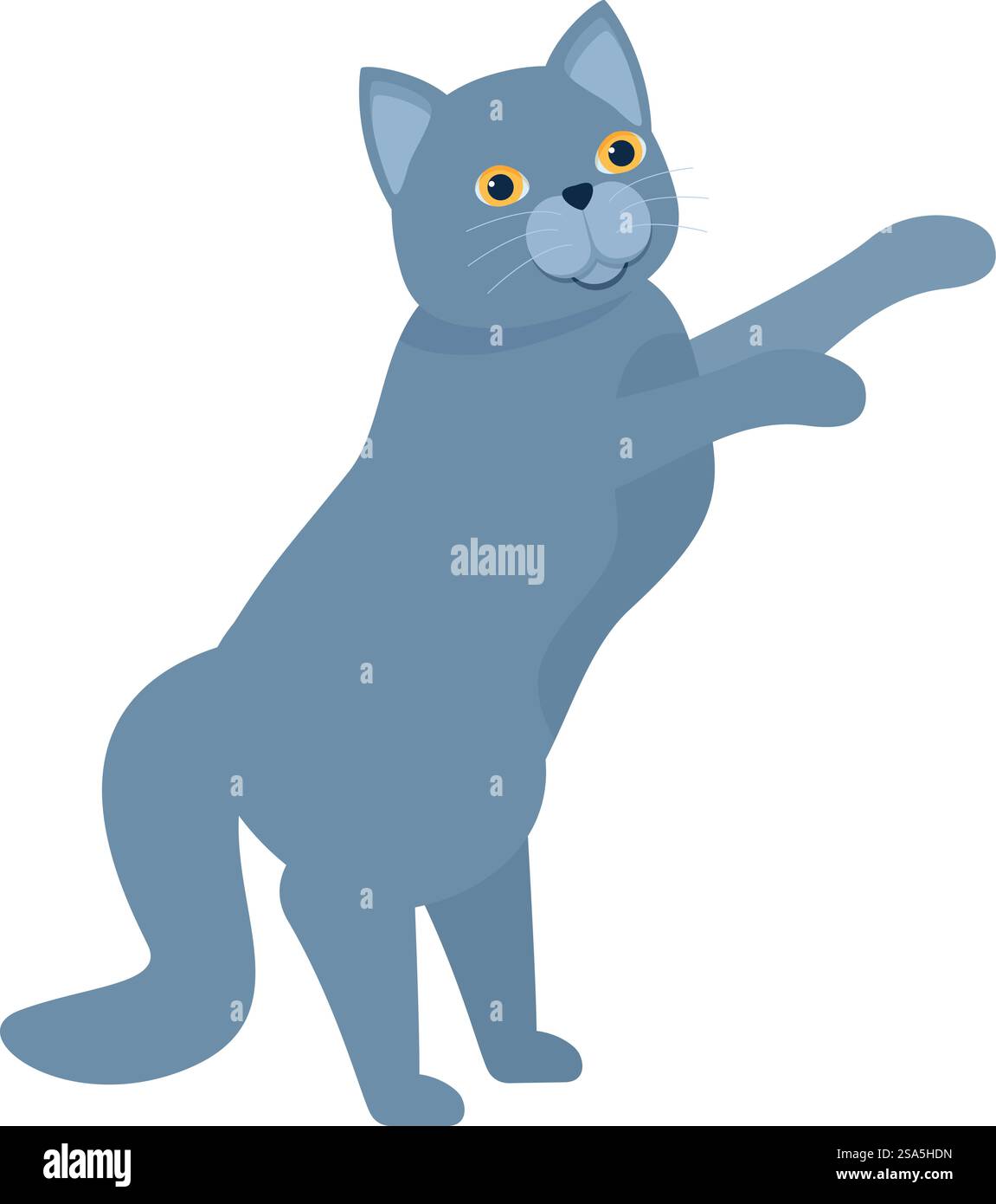 Gatto grigio in piedi sulle zampe posteriori, giocando con qualcosa invisibile. Gatto grigio giocoso in piedi sulle gambe posteriori Illustrazione Vettoriale