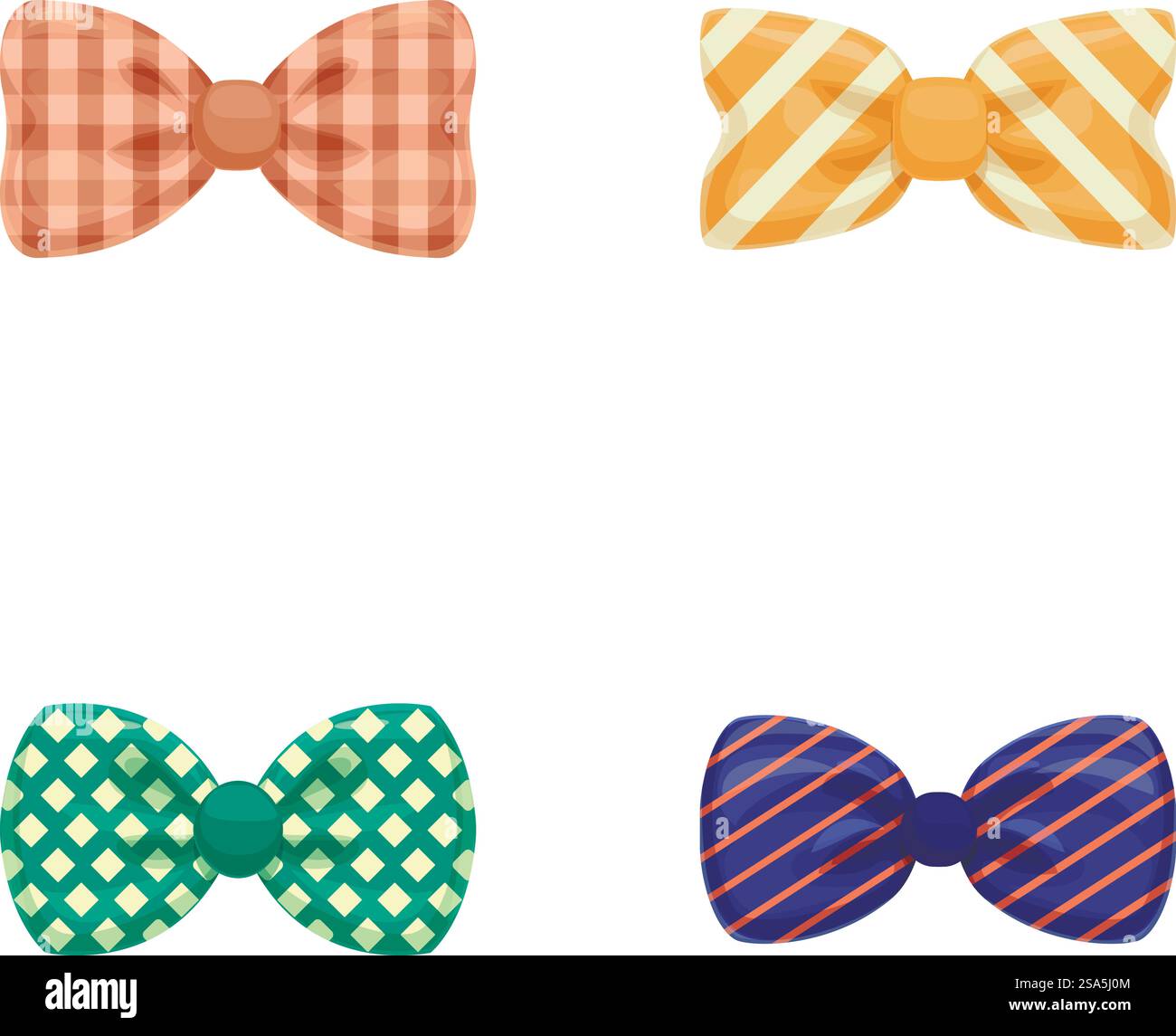 Collezione di quattro classici papillon con motivi e colori diversi, isolati sul bianco. Illustrazione del set di eleganti bretelle Illustrazione Vettoriale