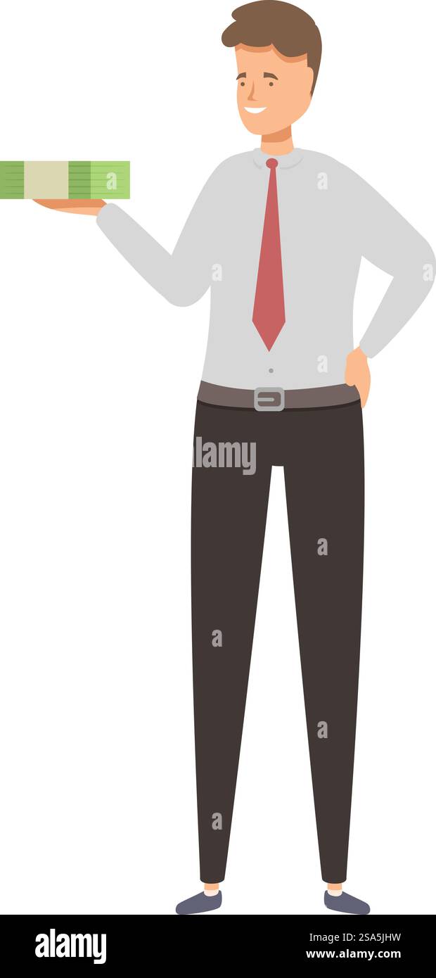 Uomo d'affari sorridente e con un mucchio di soldi, concetto di successo finanziario. Giovane uomo d'affari con un mucchio di soldi, concetto di successo finanziario Illustrazione Vettoriale