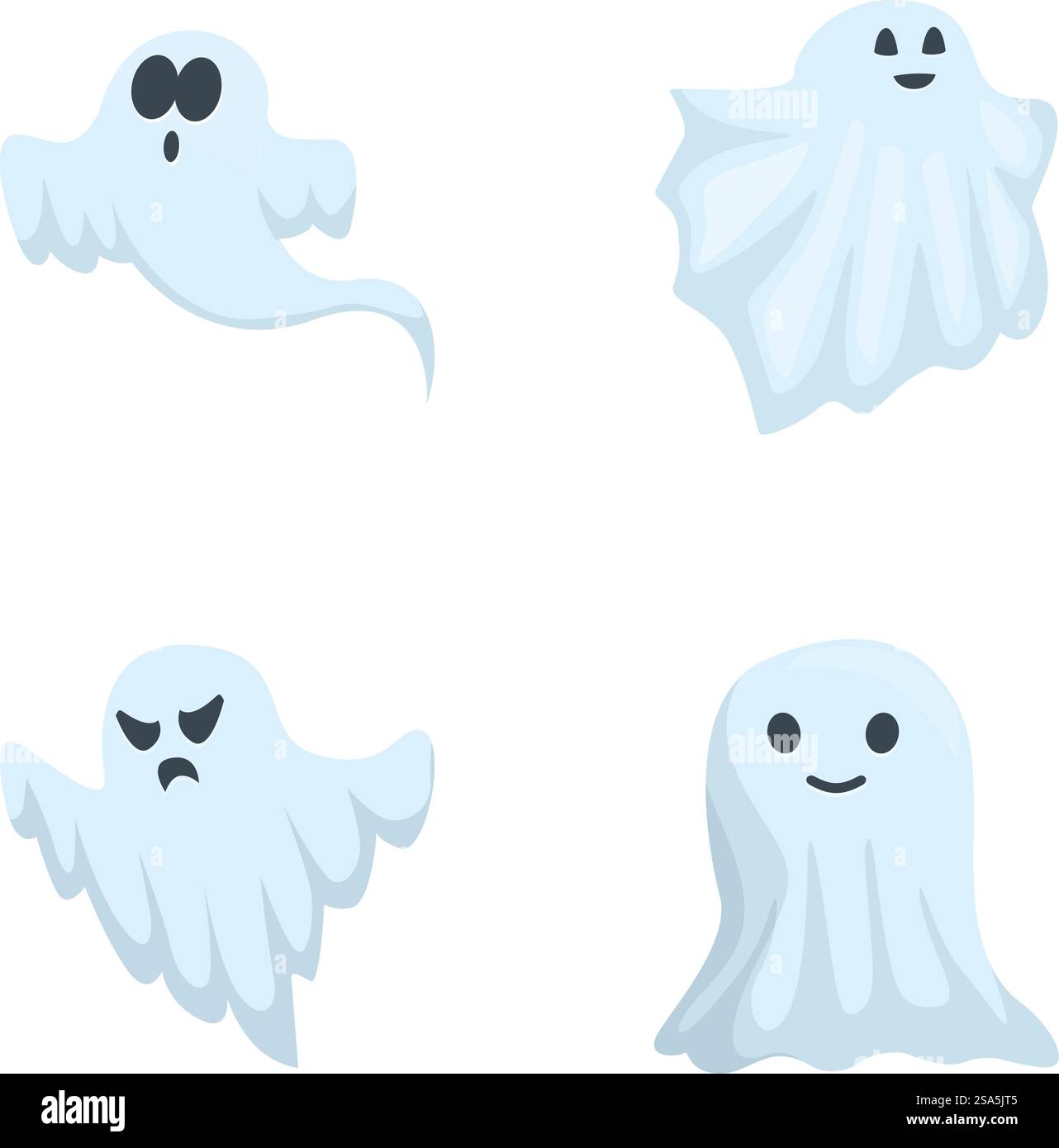 Collezione di simpatici e giocosi disegni di fantasmi cartoni animati per le decorazioni di halloween, con una serie di personaggi amichevoli e spettrali con una varietà di espressioni emotive. Set di quattro divertenti fantasmi cartoni animati con diverse espressioni su sfondo bianco Illustrazione Vettoriale