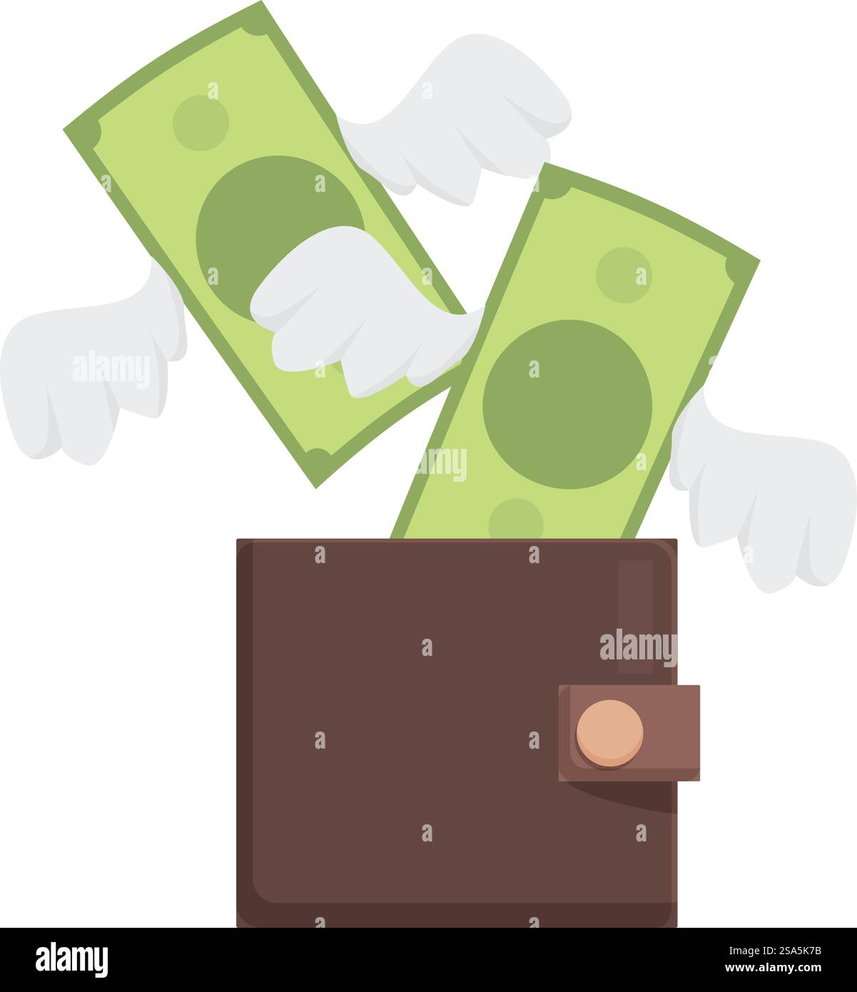 Denaro con ali che volano via da un portafoglio che rappresenta spese, problemi finanziari, inflazione o povertà. I soldi volano via dal portafoglio con le ali Illustrazione Vettoriale Denaro con ali che volano via da un portafoglio che rappresenta spese, problemi finanziari, inflazione o povertà. I soldi volano via dal portafoglio con le ali Illustrazione Vettoriale