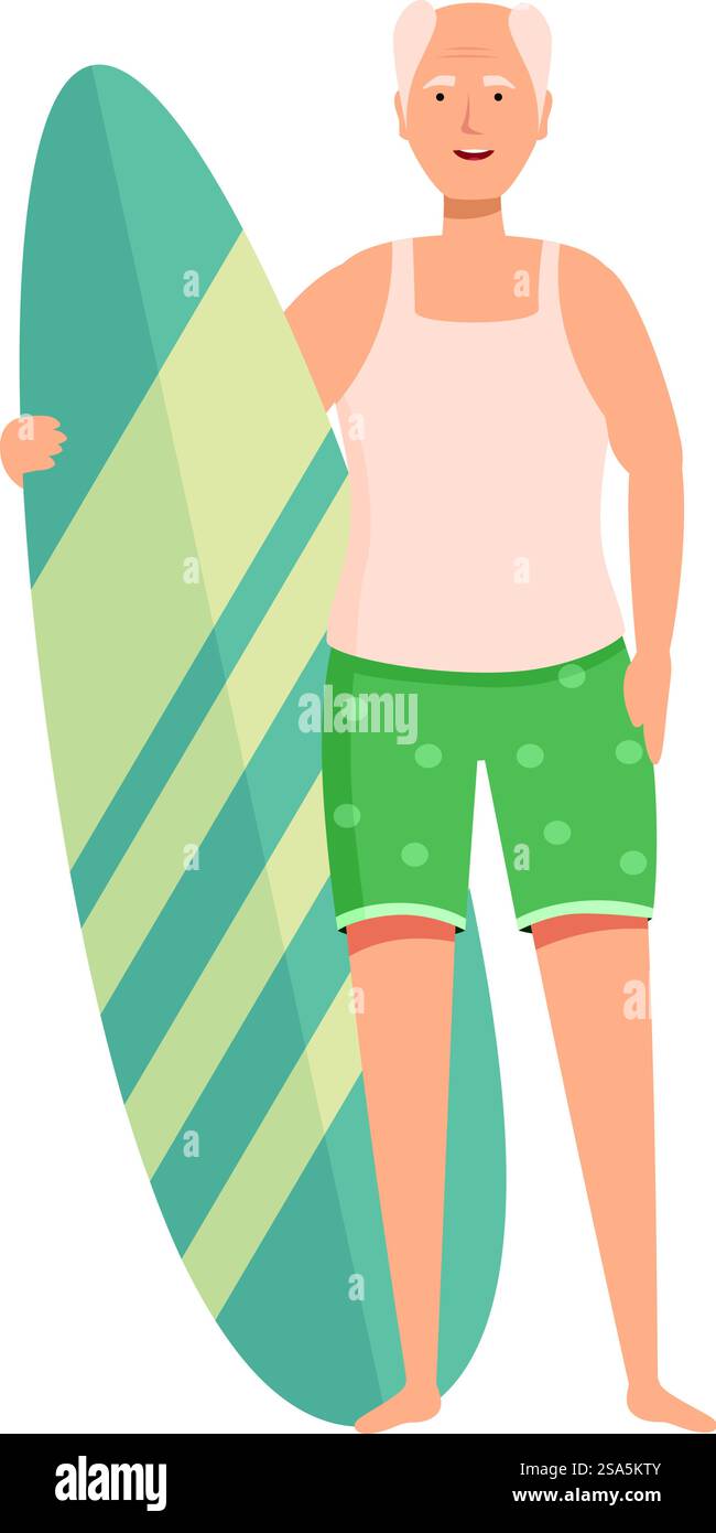 L'allegro anziano tiene in mano una tavola da surf, pronto a colpire le onde e ad abbracciare uno stile di vita pensionistico attivo. Anziano in possesso di tavola da surf che gode della pensione in riva al mare Illustrazione Vettoriale